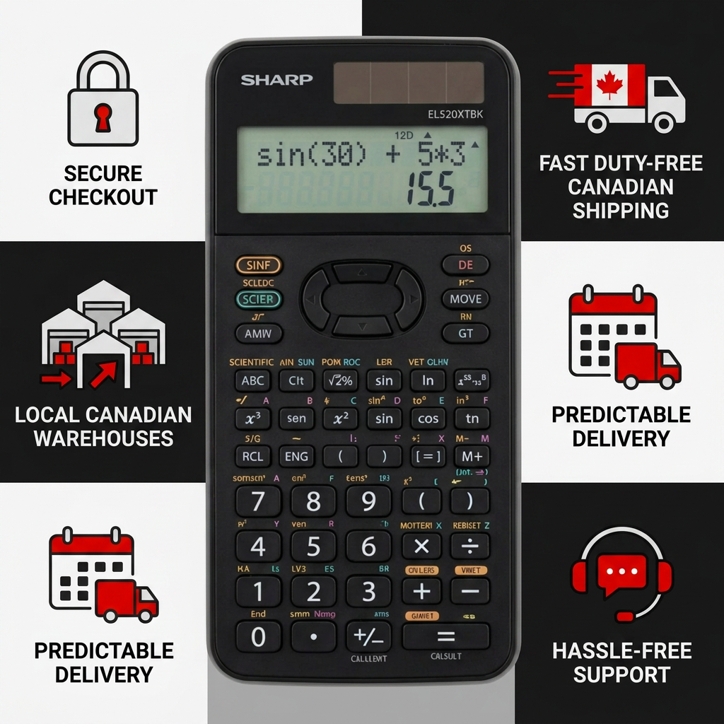 An infographic showing the Sharp EL520XTBK calculator with trust cues for secure checkout, Canadian shipping, local warehouses, predictable delivery, and support.
