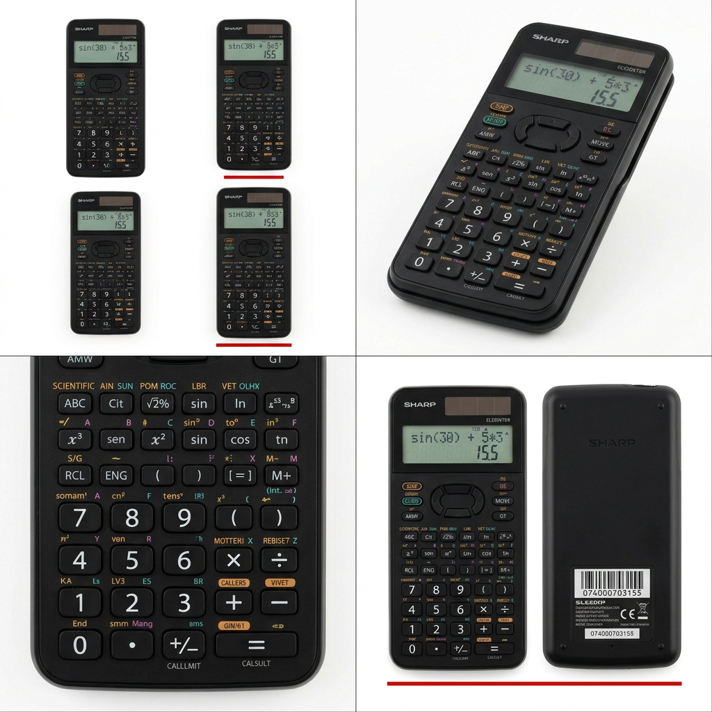 A product matrix featuring multiple angles and a close-up of the black scientific calculator.