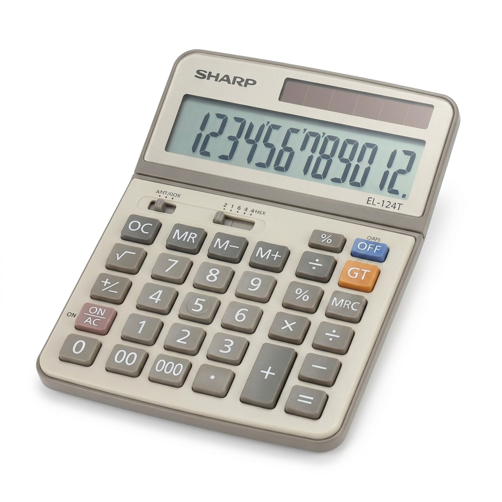 A high-resolution, centered photograph of the Sharp EL-124T 12-digit desktop calculator on a pure white background.