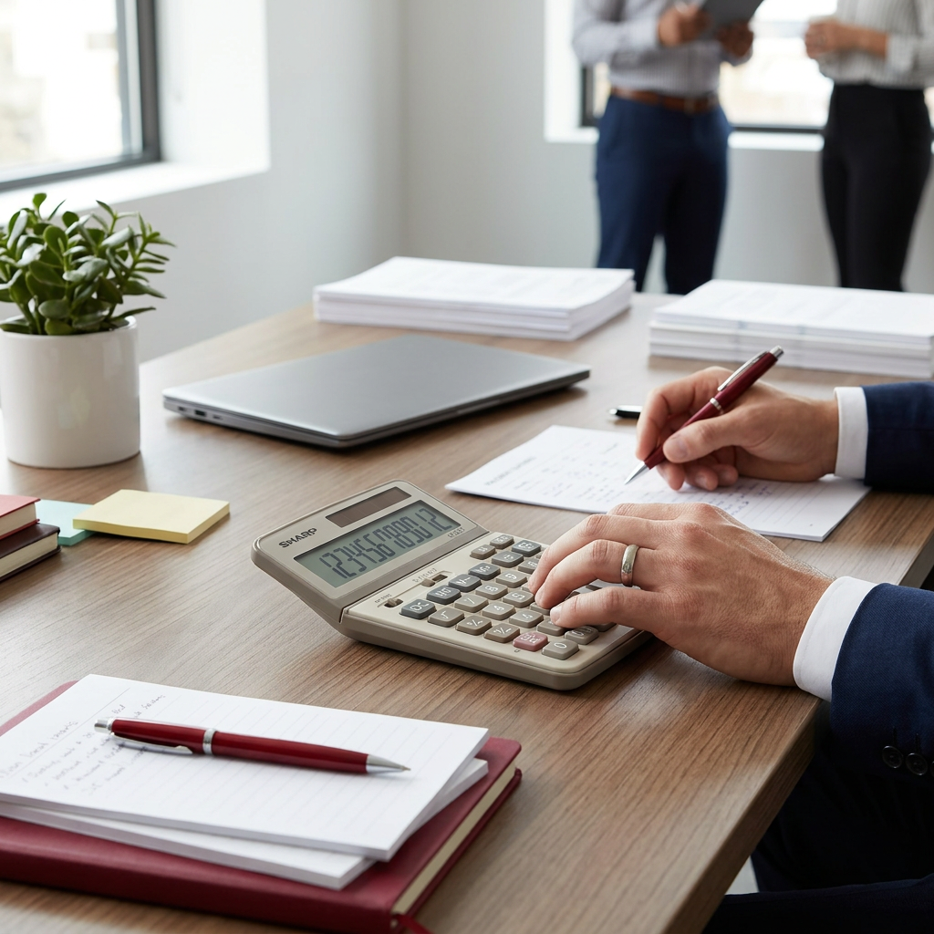 Lifestyle scene: A business professional uses the Sharp EL-124T on a modern desk, surrounded by office documents and plants. Natural daylight fills the clean, sophisticated office. The detailed calculator matches image_0.png. background colleagues work in distance. Confident calculations. High confidence and trust. Red notebook cover references brand guide. (97 chars)