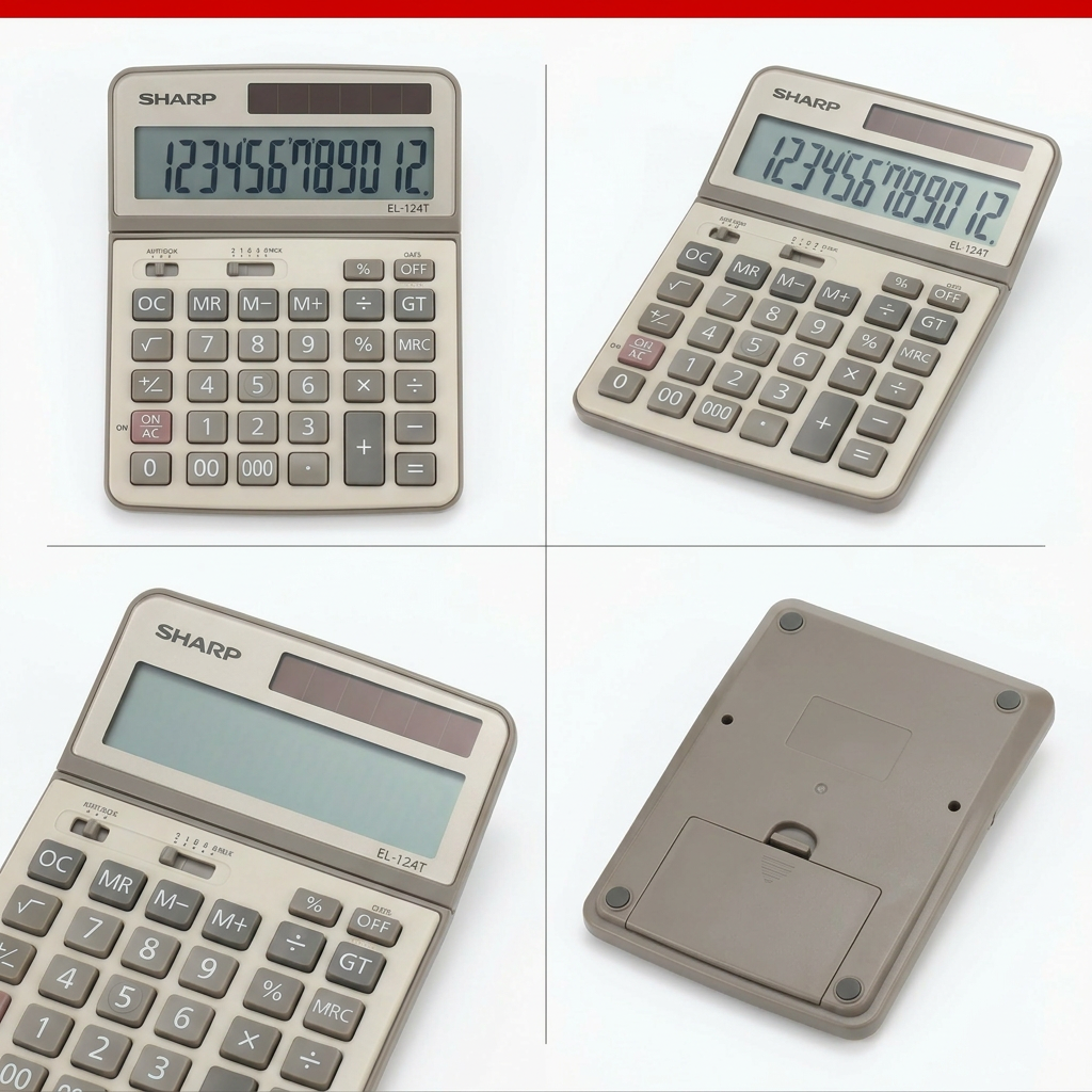 A clean Shopify-style product grid displaying four accurate SHARP EL-124T calculators in various useful angles against a premium white background with clear lighting and a red accent bar.