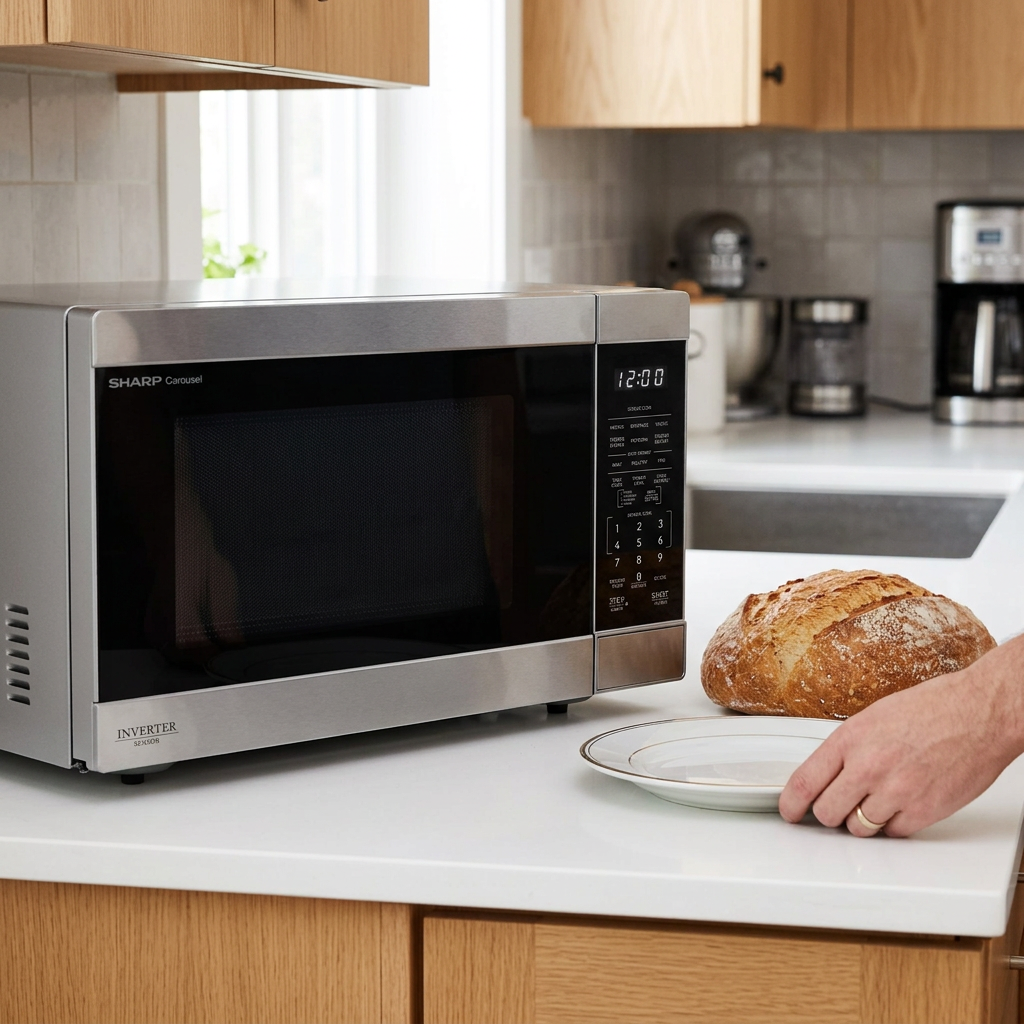 SHARP SMC1664KSC microwave on a kitchen counter, scaled by a loaf of bread and a person’s hand.