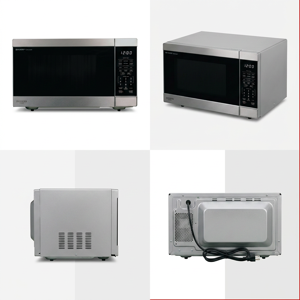 A premium eCommerce grid showing multiple views of the SHARP Carousel microwave oven in stainless steel.