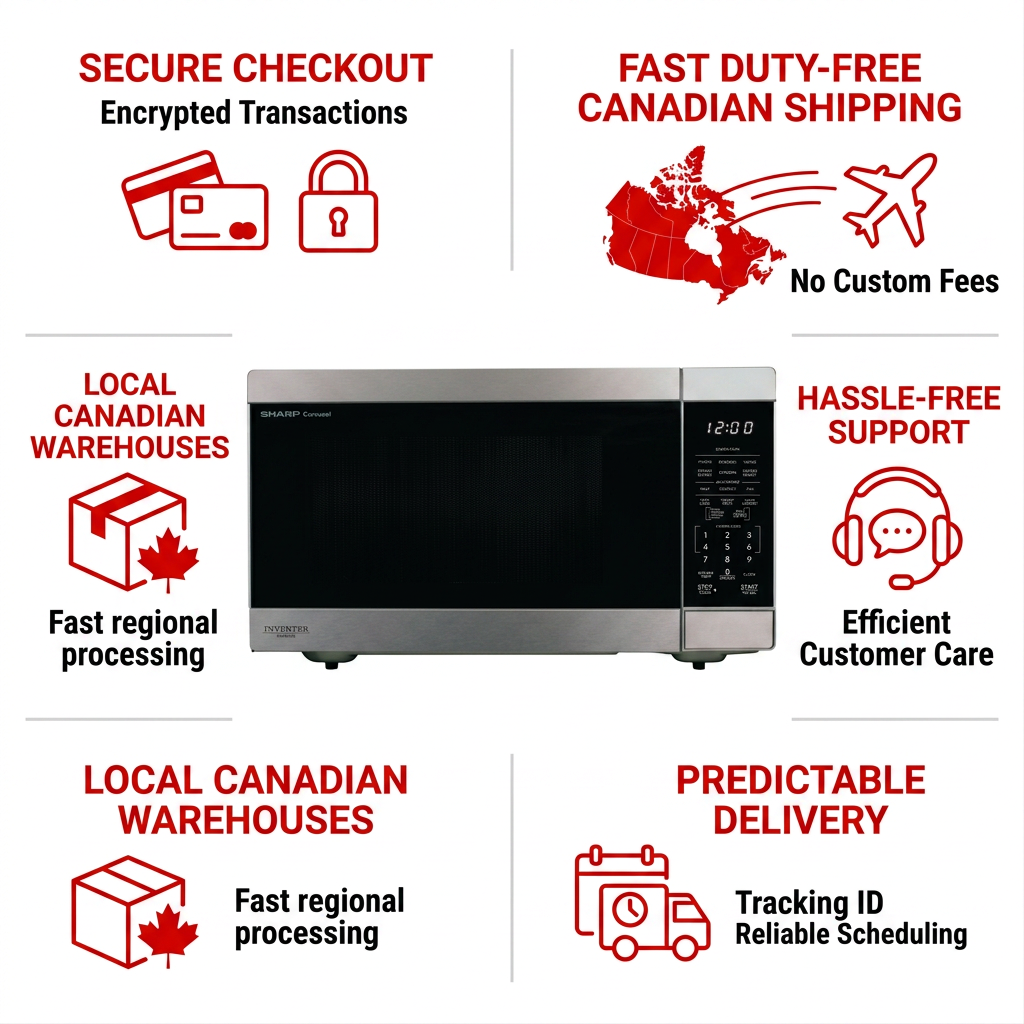 An infographic matrix showing a SHARP microwave and Canadian service benefits using icon graphics.
