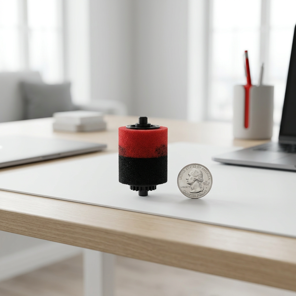 Scale reference photo: SHARP EA781RBK red and black foam ink roller standing on a bright desk with a US quarter coin.