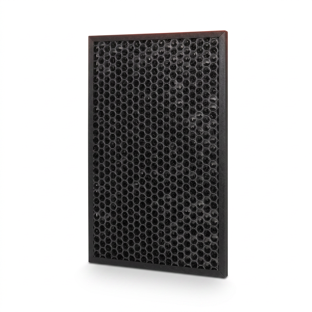 SHARP FZJ80DFU Active Carbon Filter, hexagonal mesh, black frame, pure white Shopify hero shot.