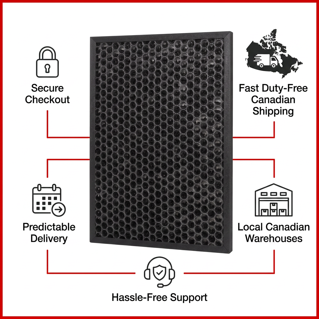 PDP trust infographic featuring the SHARP carbon filter, Canadian shipping icons, and support text.
