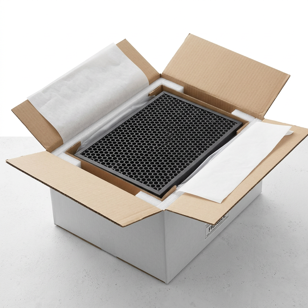 An open shipping box and premium protective packing materials reveal the sharp activated carbon filter.