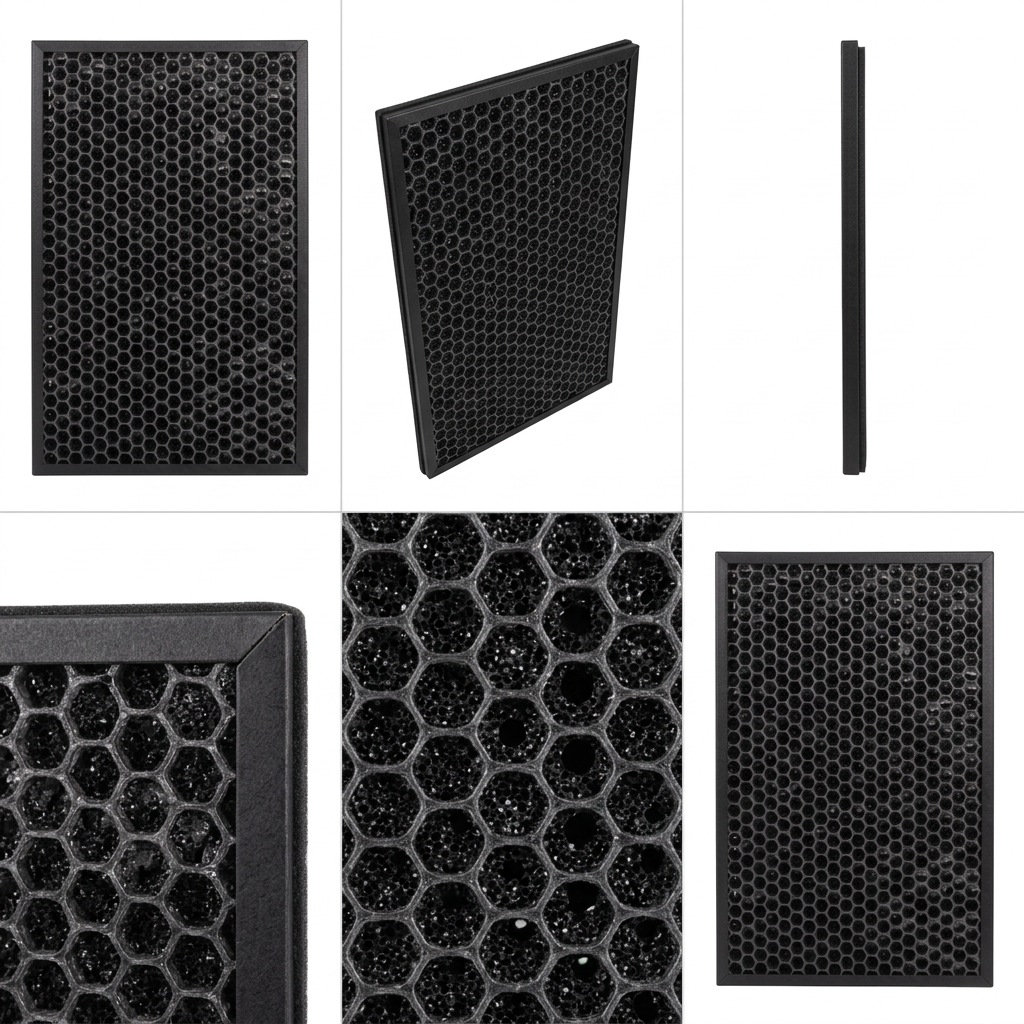 A six-way matrix comparing various useful views of the FZJ80DFU carbon filter on a clean white background.