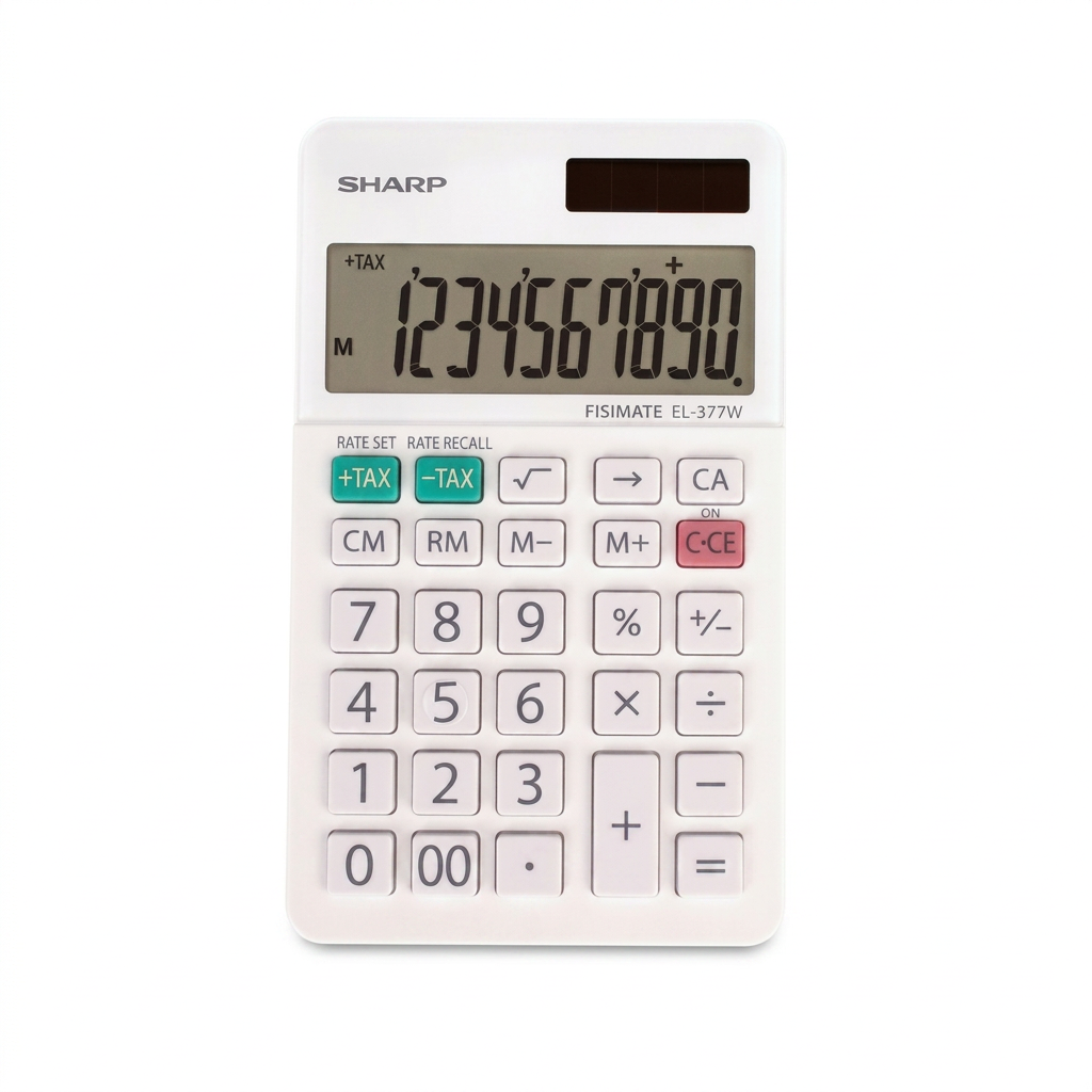 A high-resolution, centered view of the SHARP EL377W twin-power calculator on a pure white, uncluttered Shopify eCommerce background.
