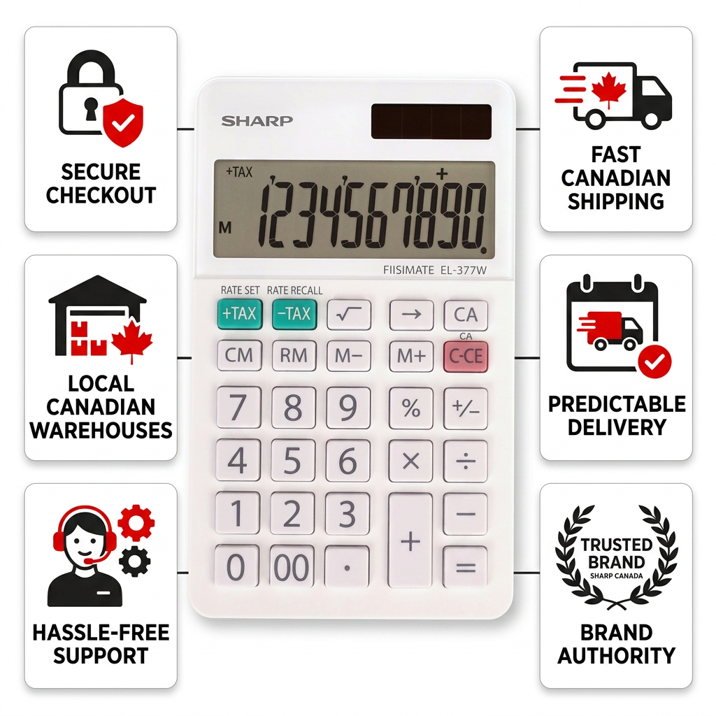 Infographic for SHARP EL377W calculator, featuring icons and labels for secure purchase, fast Canadian shipping, support, and trusted brand authority.