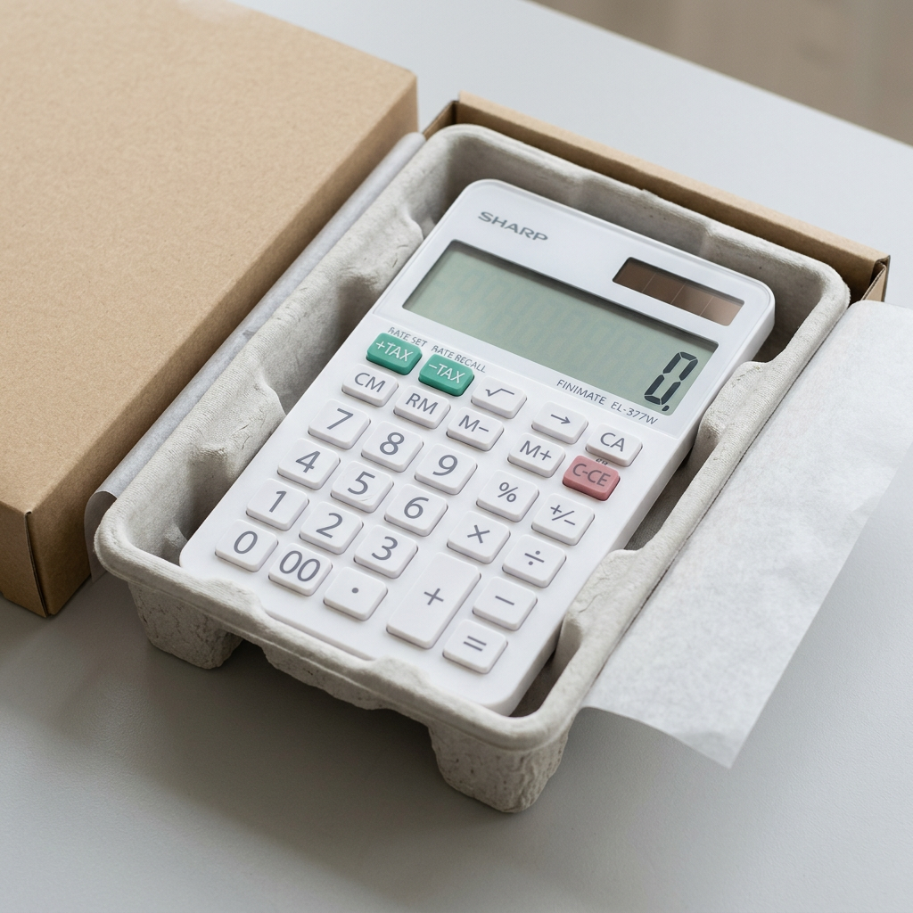 A premium close-up of a white Sharp EL377W twin power 10-digit calculator nestled securely within layers of custom-molded recycled gray pulp packaging and a high-quality, blank kraft cardboard gift box, all resting on a clean, light gray surface. Natural, reassuring light emphasizes the snug fit and protection against damage.