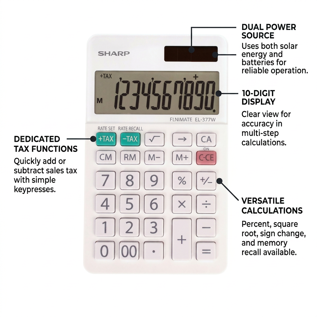 An operational feature graphic for the SHARP EL377W calculator, highlighting its 10-digit display, dual power source, and tax functions.