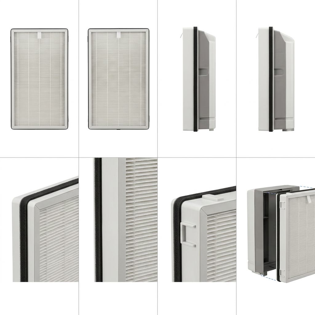 E-commerce grid of the SHARP True HEPA Filter from diverse angles and details.