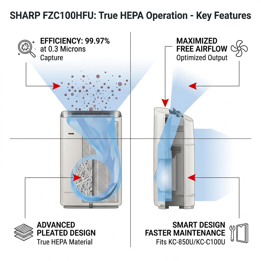 A functional diagram matrix features the SHARP FZC100HFU True HEPA replacement filter (KC-850U compat) ensuring 99.97% air purity.