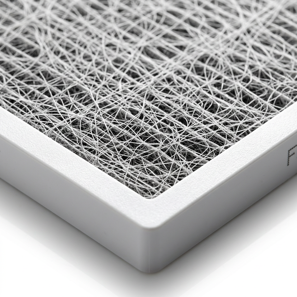 Macro image of a True HEPA air filter’s fibrous matrix with dense, interwoven fibers and visible white frame.