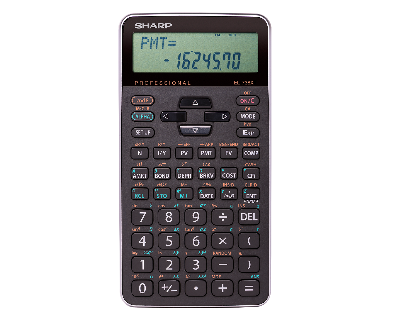 Sharp EL-738XT Professional financial calculator with a digital display showing a PMT calculation.