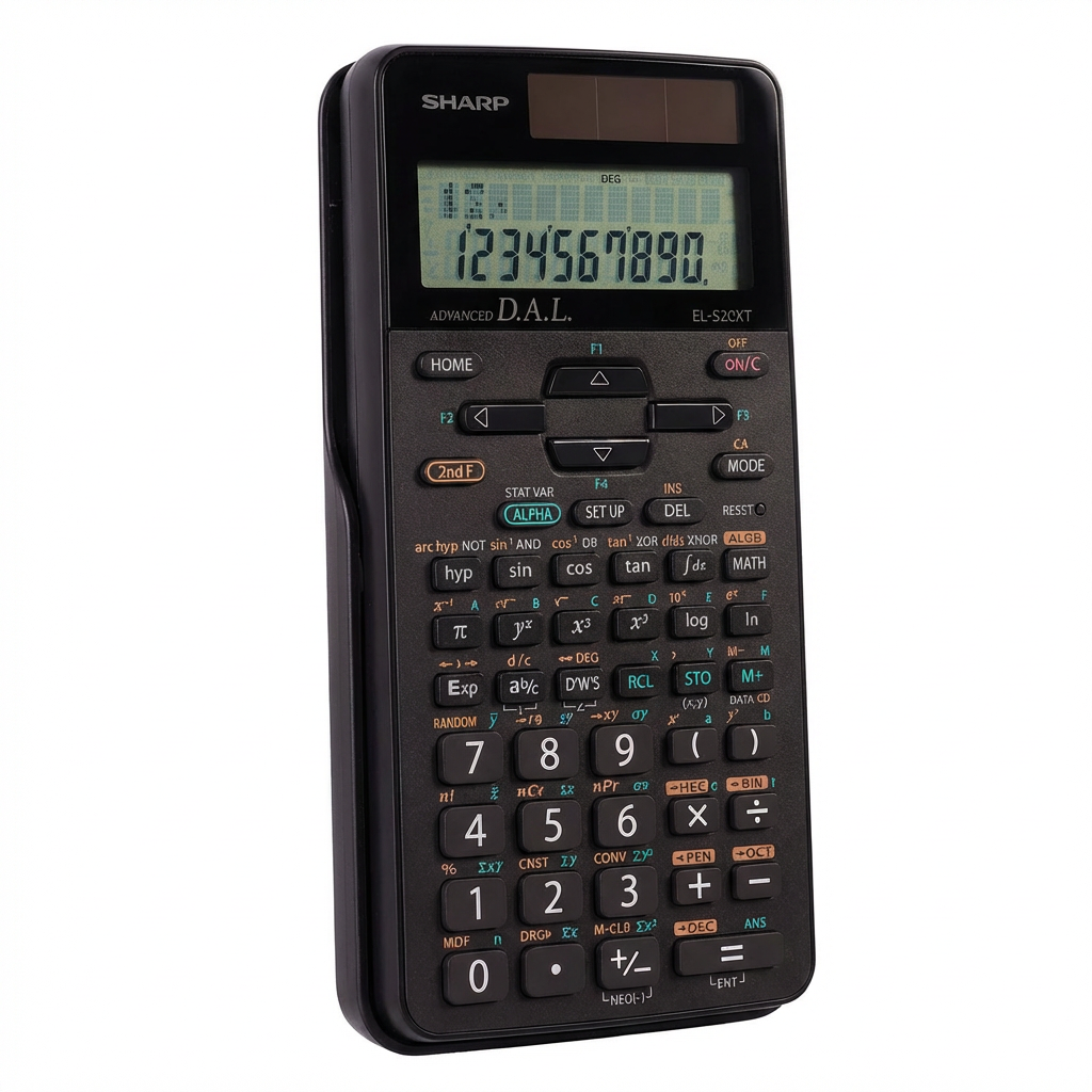 A photorealistic studio photograph of the Sharp EL-520XT scientific calculator, angled to the left on a seamless white background with a soft, natural shadow . The display shows "1234567890."
