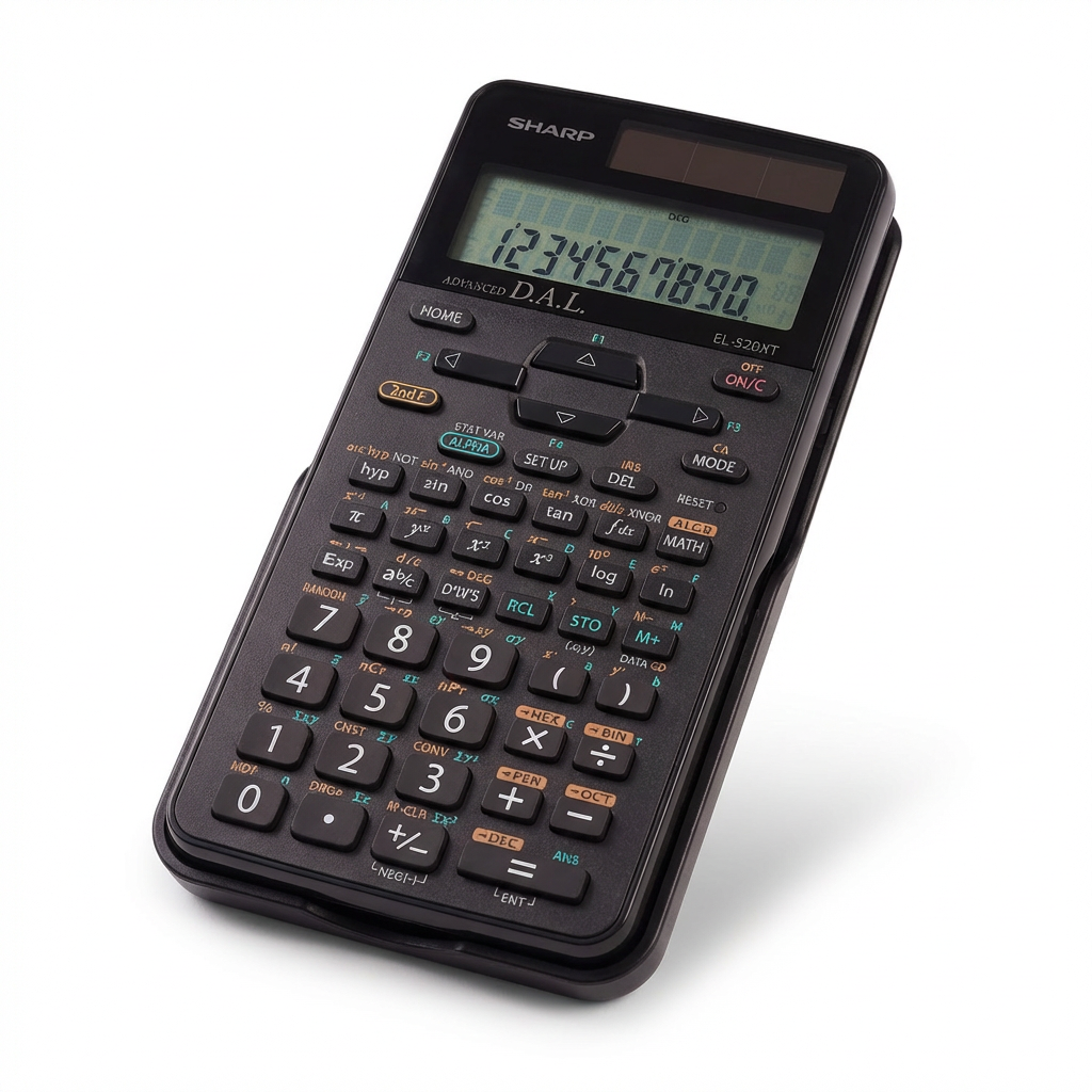 A photorealistic studio shot of the SHARP EL520XTBK calculator, angled to its right on a white background.