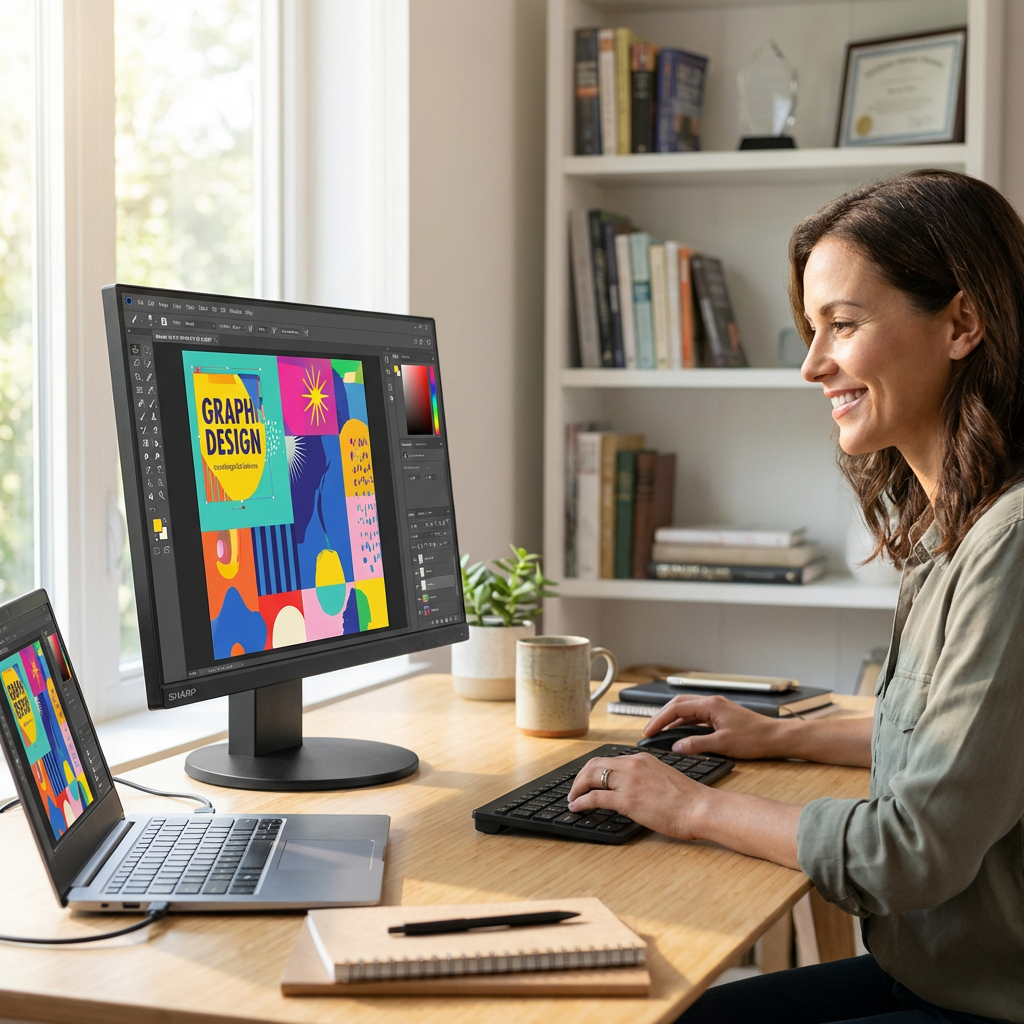 A woman smiles while using the SHARP E243F-BK monitor in a sunlit home office, creating graphic designs.