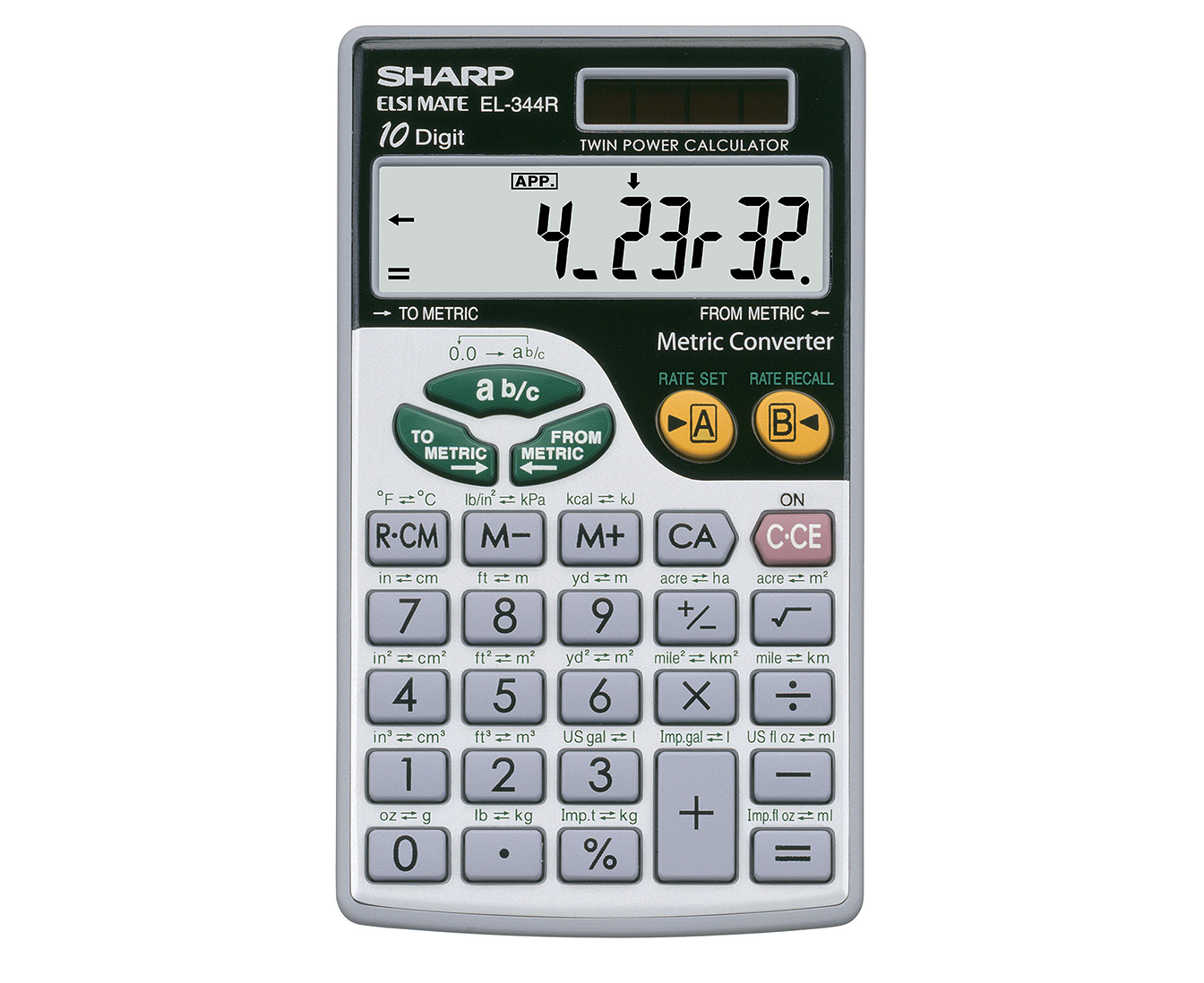 Sharp EL-344R Elsi Mate 10-digit solar calculator featuring dedicated metric conversion buttons.