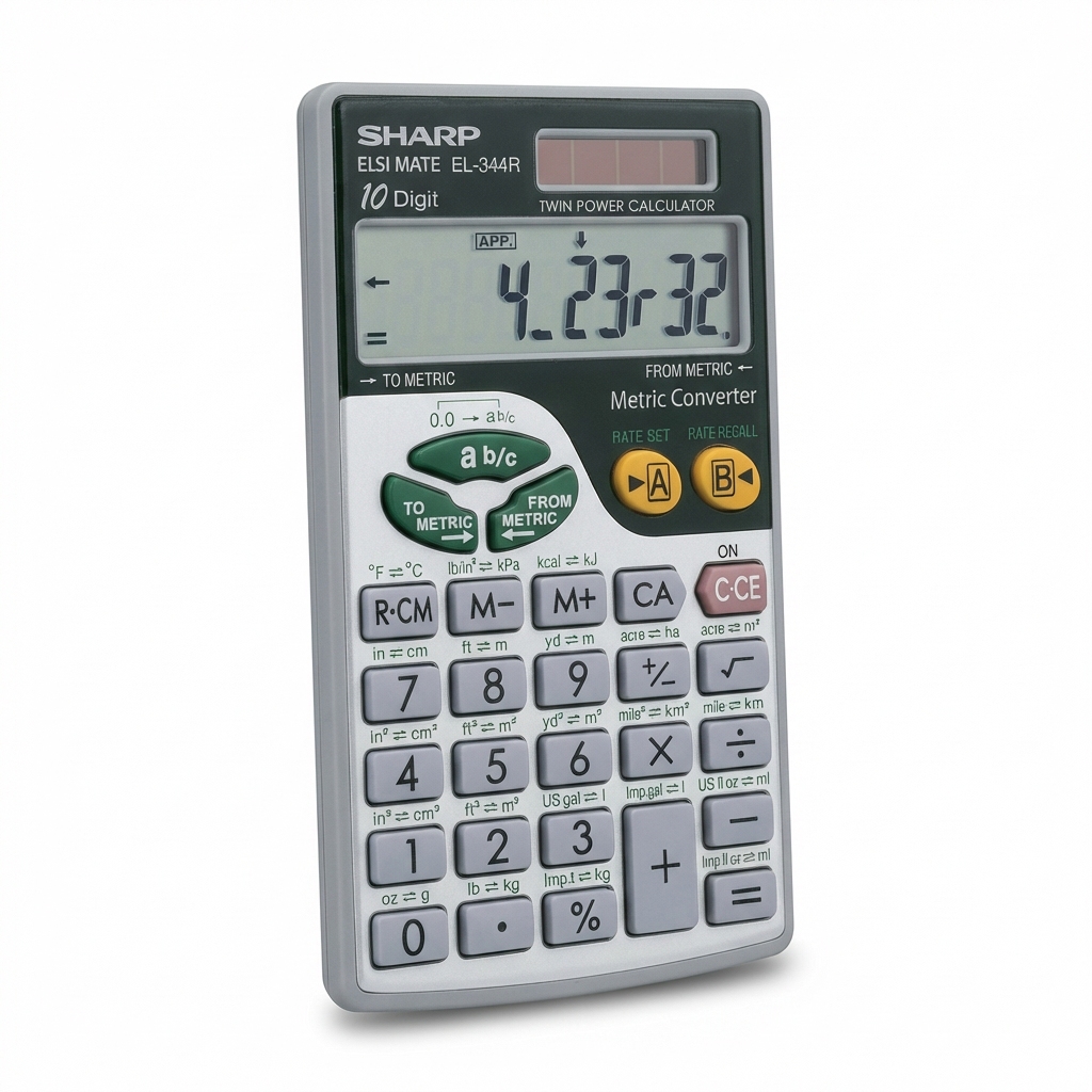A photorealistic studio product photograph of the Sharp EL344R calculator, angled to the left on a pure white background with a soft natural shadow.