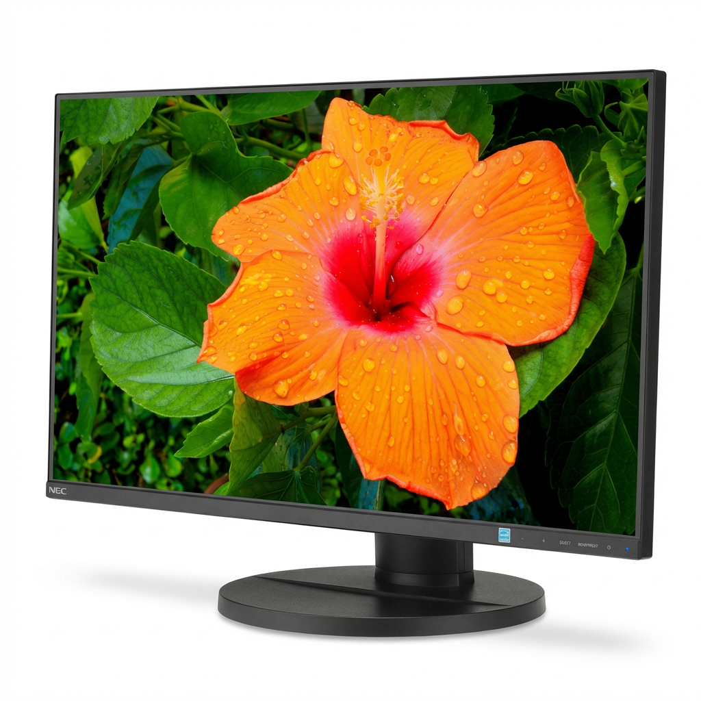 A photorealistic studio photograph of the SHARP/NEC E271N-BK monitor, angled from the left on a pure white background.