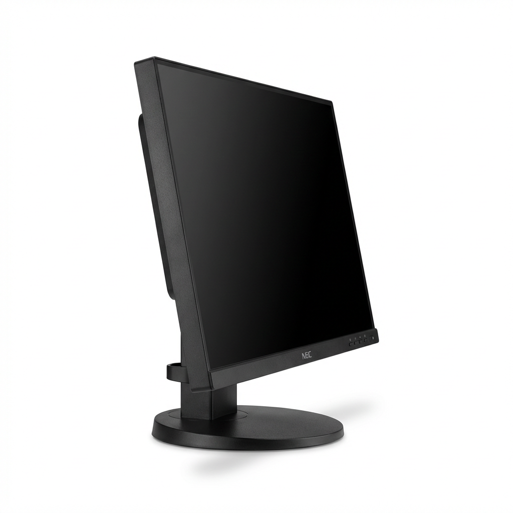 A photorealistic studio photograph shows the black SHARP/NEC E271N-BK 27" desktop monitor angled from the right on a pure white background with a soft shadow.