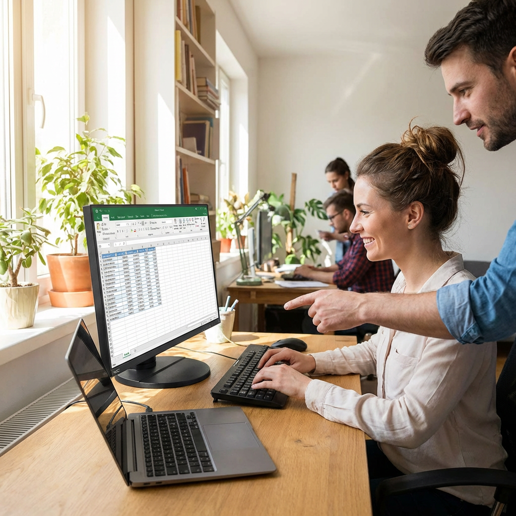 A lifestyle photo showing the NEC E271N-BK monitor in a modern office, used by two people collaborating.
