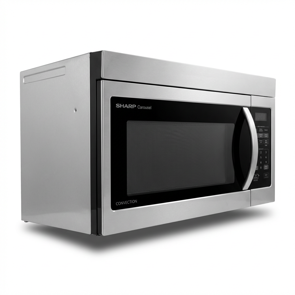 A photorealistic studio product photo of the SHARP R1874TY over-the-range microwave, angled left on a white background.