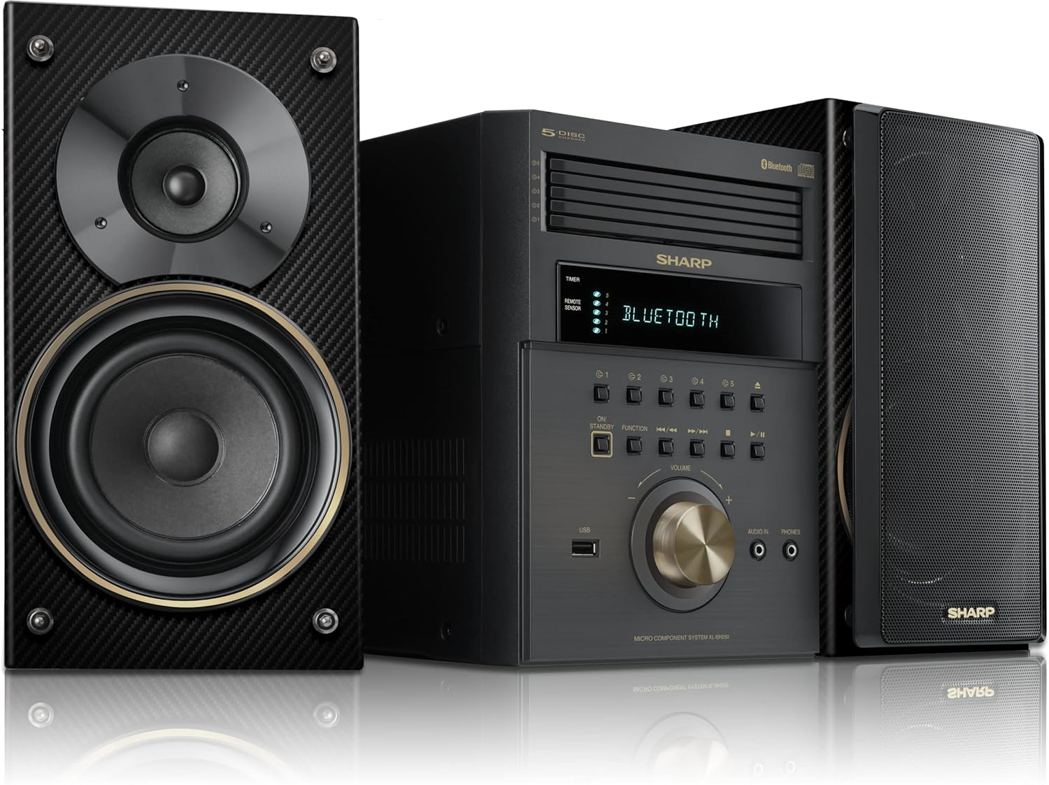 Sharp XL-BH250 5-Disc Micro System in black and gold with Bluetooth and two speakers.