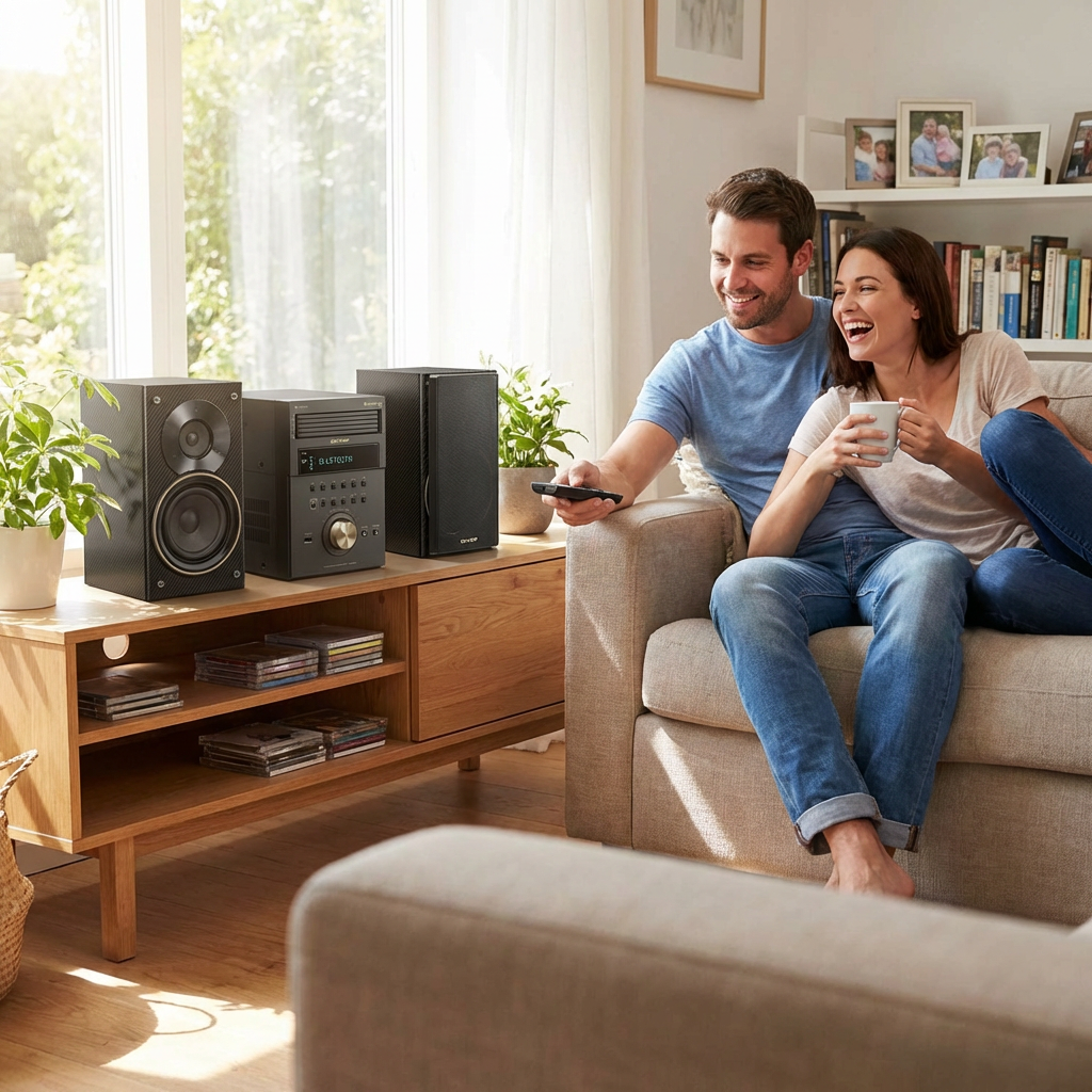 A photorealistic lifestyle photo of a couple enjoying the Sharp XL-BH250GL audio system in their living room.