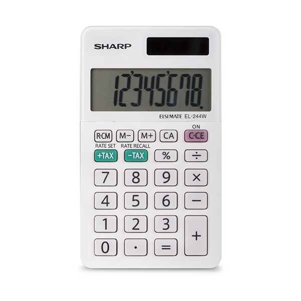 White Sharp EL-244W handheld calculator featuring an 8-digit LCD screen and solar power.