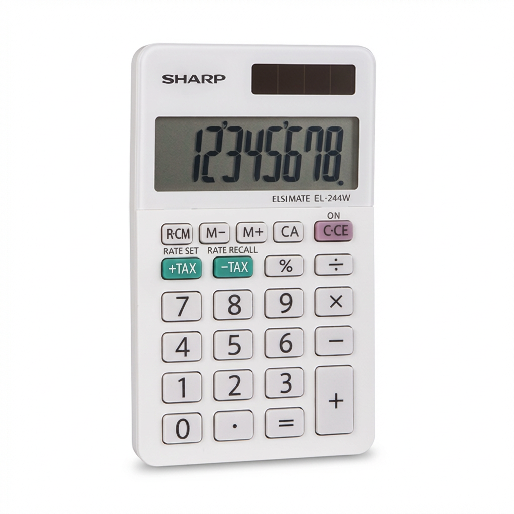 A photorealistic studio product photo of the white Sharp EL-244WB 8-digit calculator, angled to show the left side. The calculator is centered on a pure white background with a soft, natural shadow.
