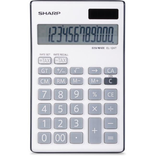 Sharp EL124T 12-digit desktop calculator with white body, grey buttons, and solar/battery power.