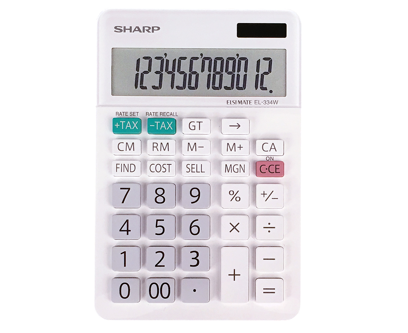 White Sharp EL-334W 12-digit professional desktop calculator with business and tax functions.