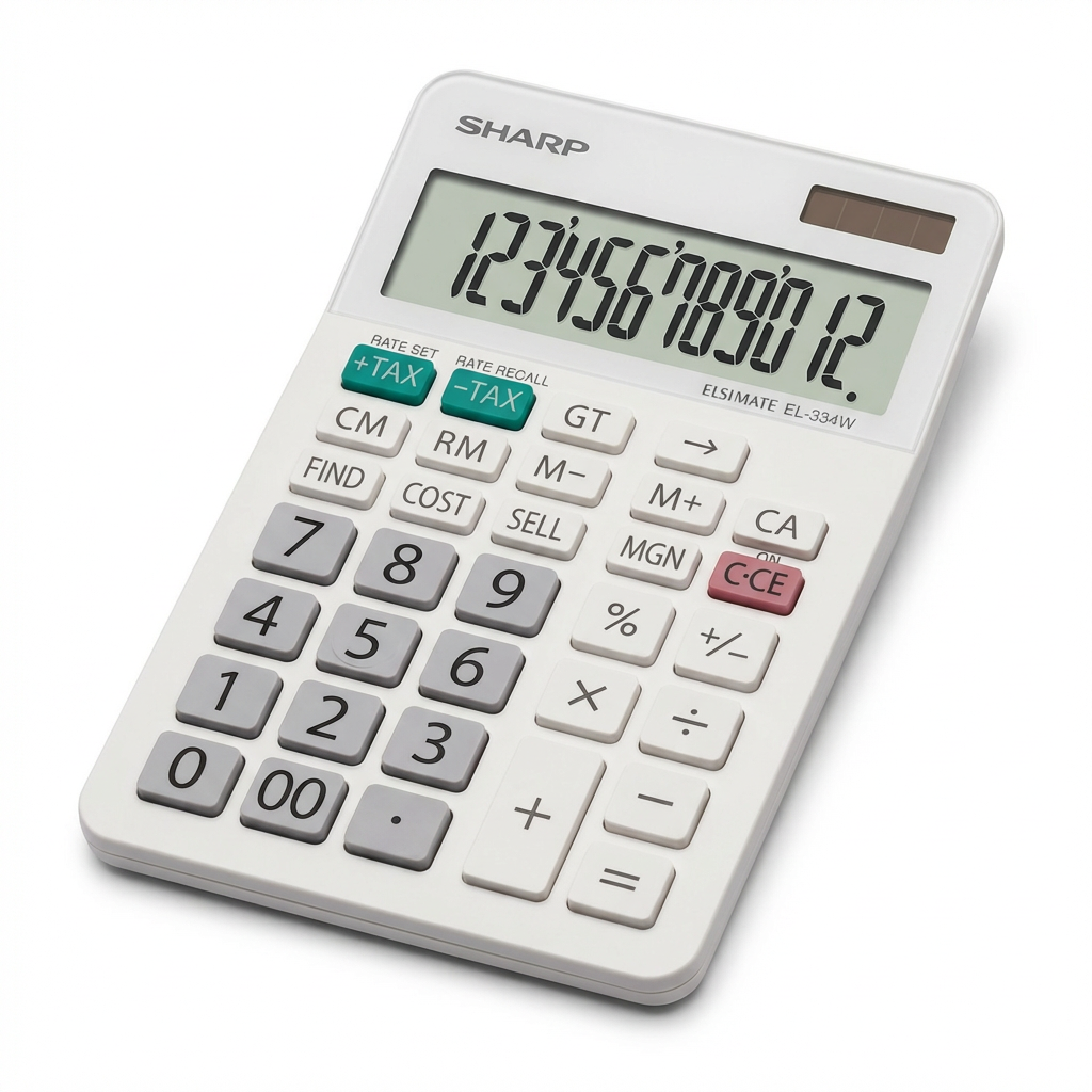 A photorealistic studio product photo of the Sharp EL334W calculator, angled to the left on a pure white background. The white calculator with its 12-digit display and grey and colored buttons is centered with a soft natural shadow underneath. The model number and SHARP logo are clearly visible.