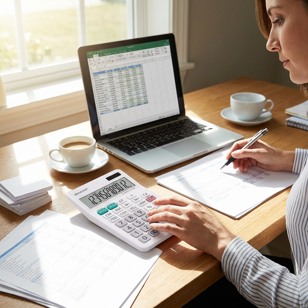 A professional woman uses the SHARP EL334W calculator to work on finances in a sunlit home office.