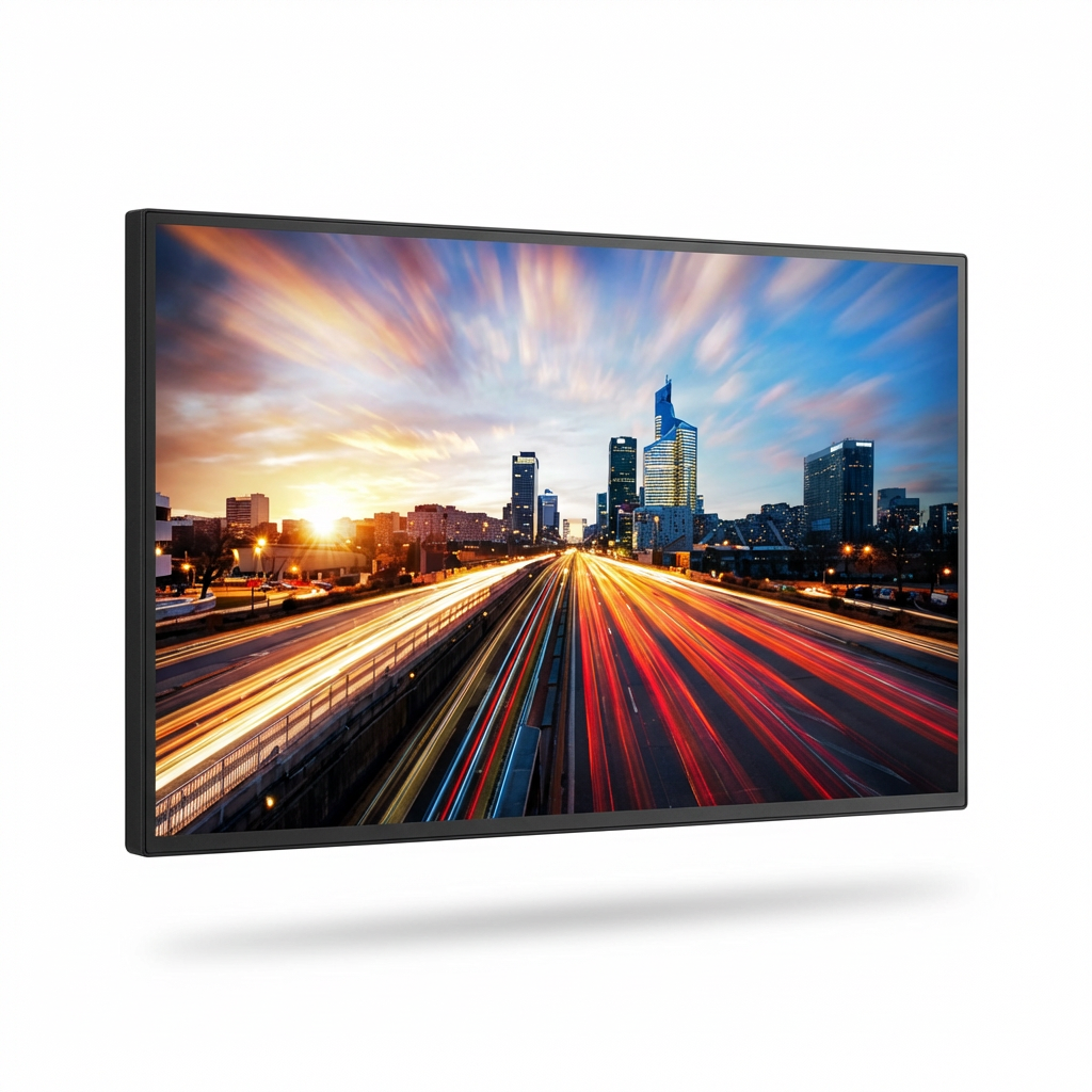 A photorealistic studio product photo of the SHARP/NEC EX241UN-H-BK monitor. It is angled to show the left side , floating on a pure white background with a soft shadow.