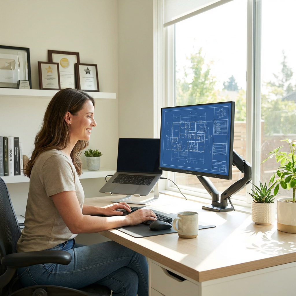 A woman smiles while working at a desk with the SHARP monitor mounted on an arm, displaying blueprints in a sunlit home office.