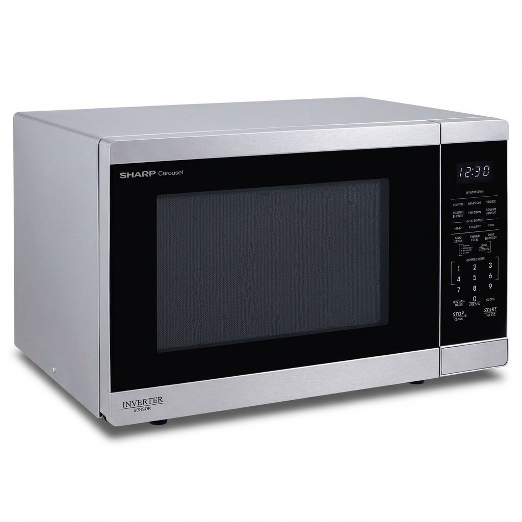 A photorealistic studio photograph of the SHARP SMC1464KSC microwave, angled to show the left side and front, centered on a pure white background with a soft natural shadow.