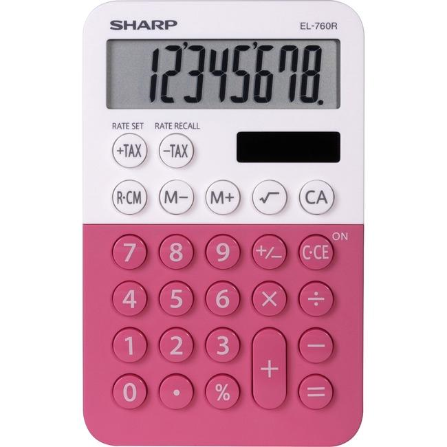 Sharp EL-760RBPK 8-digit twin power calculator featuring a raspberry pink base and white top.