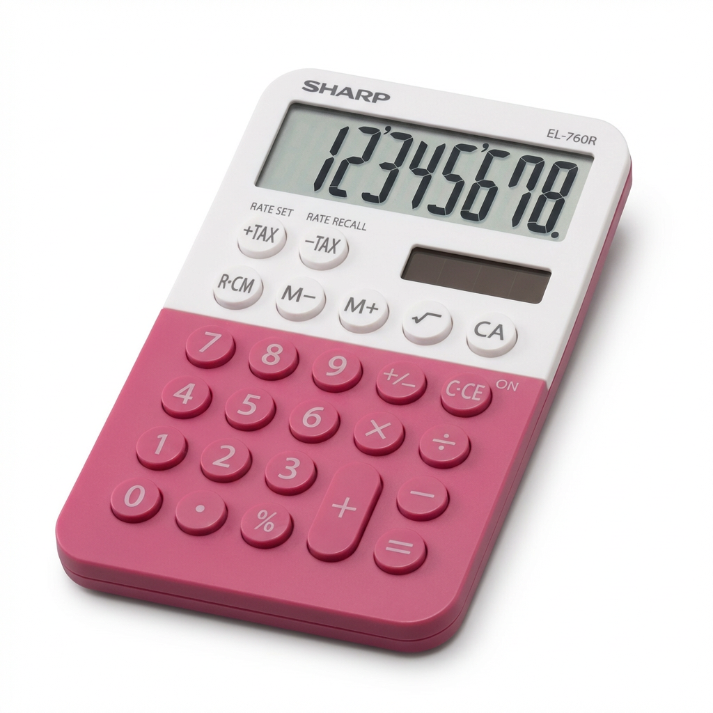 A photorealistic studio product photo of the Sharp EL760RBPK XL calculator, angled left on a white background. The white and raspberry device shows '12345678.' on its large display and has soft shadows.