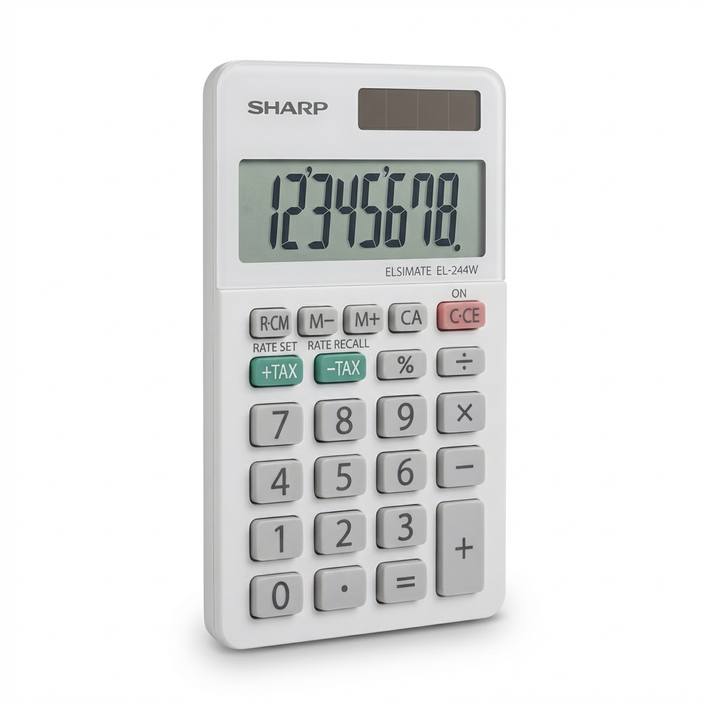 A photorealistic studio photograph of the white Sharp EL-244W calculator, angled to the left on a pure white background with a soft shadow .