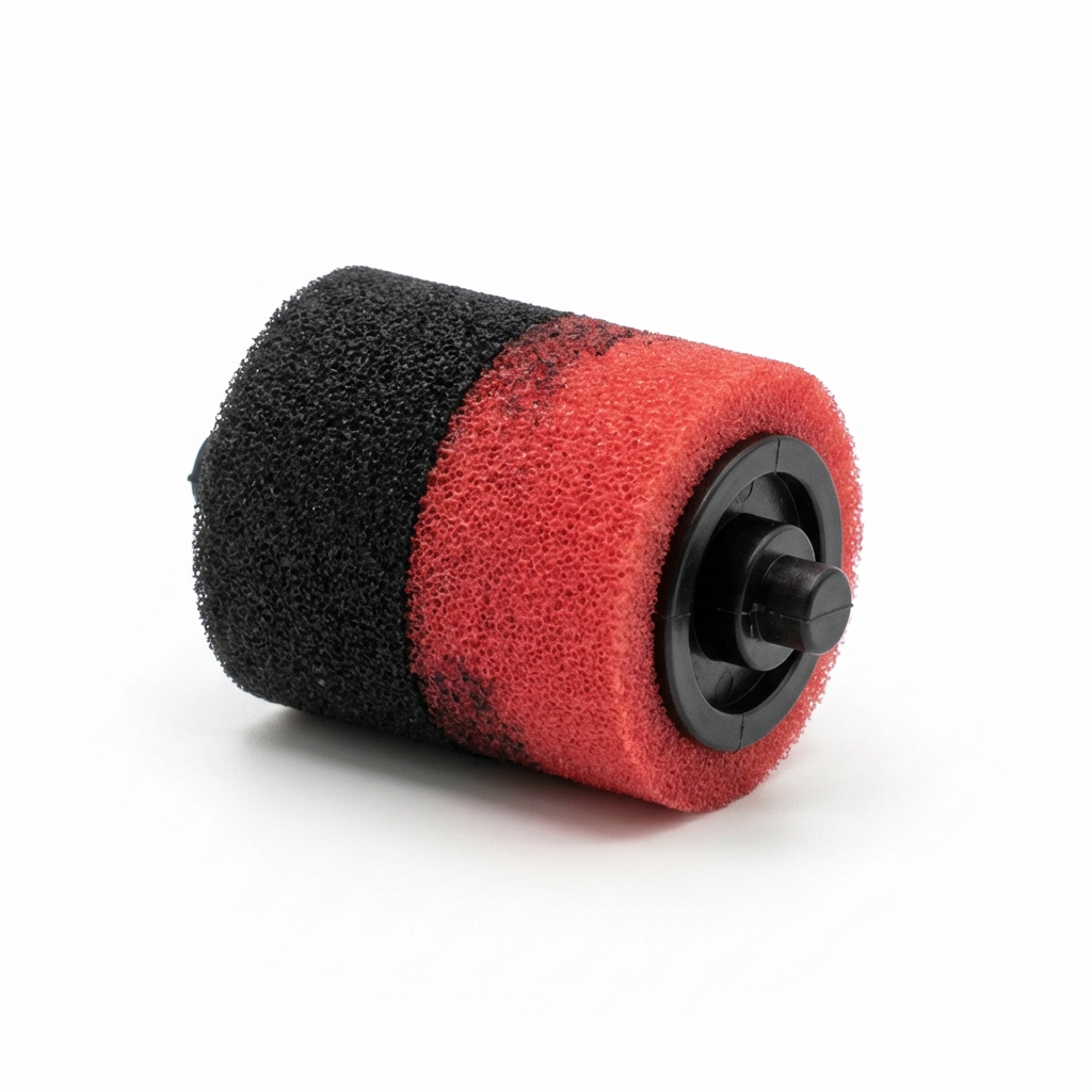 A photorealistic studio product photo of the SHARP EA781RBK ink roller, showing its black and red foam sections and black plastic core. It is angled to emphasize the right side on a pure white background with a soft shadow.