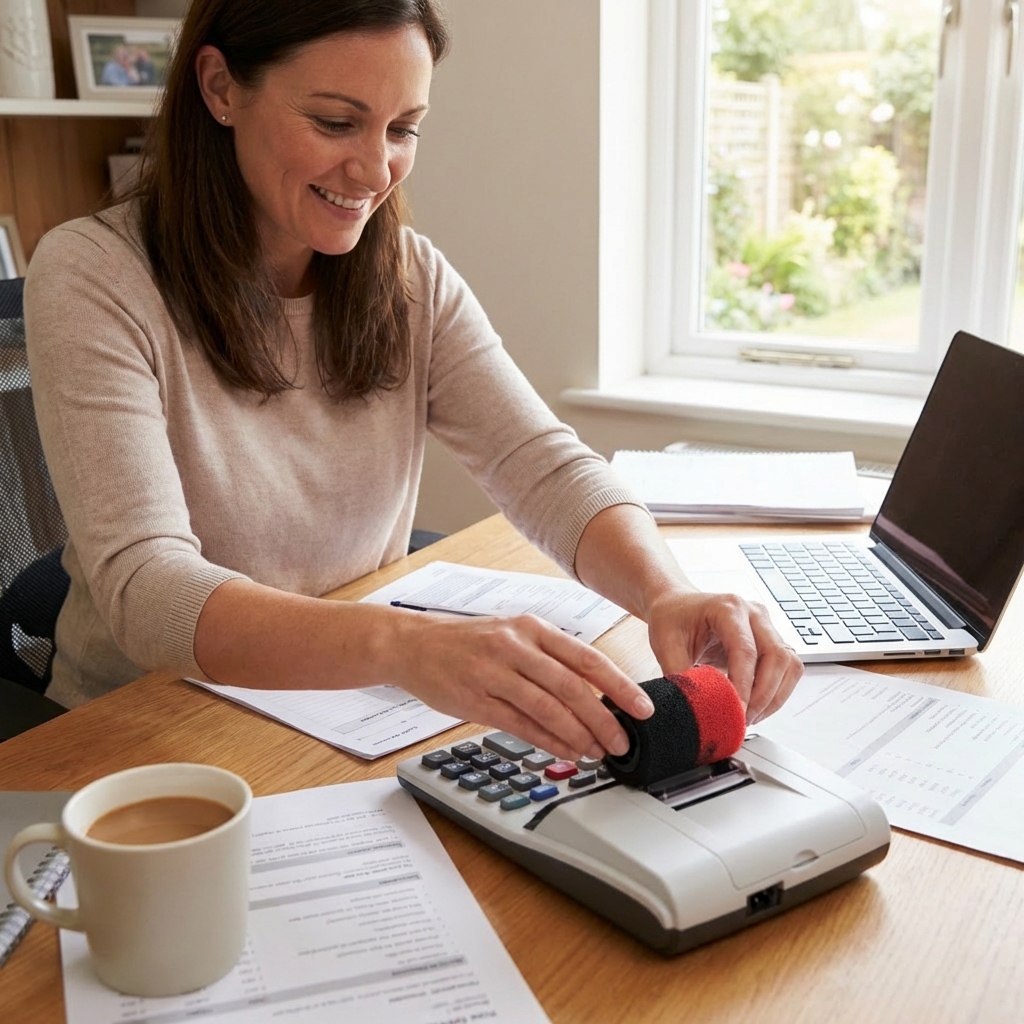 A woman in a home office smiles as she inserts the red and black SHARP EA781RBK ink roller into a printing calculator.