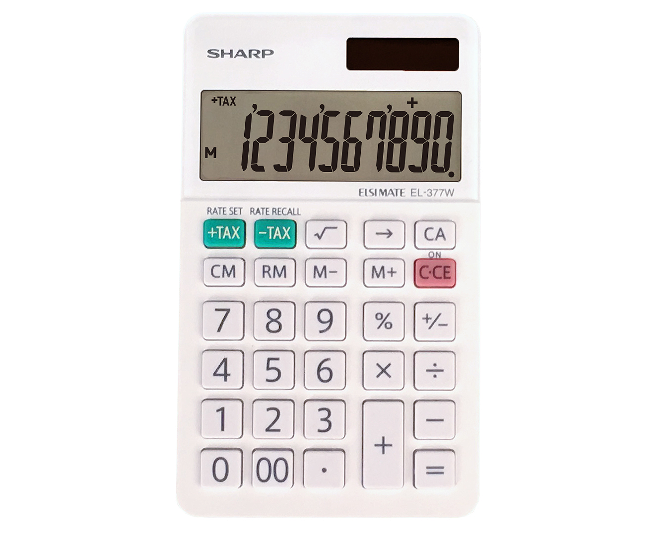 White Sharp EL377W 10-digit handheld calculator with solar panel and tax function keys.