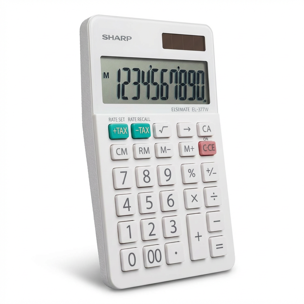 A photorealistic studio photo of the white SHARP EL-377W calculator, angled to show its left side on a pure white background with a soft shadow.