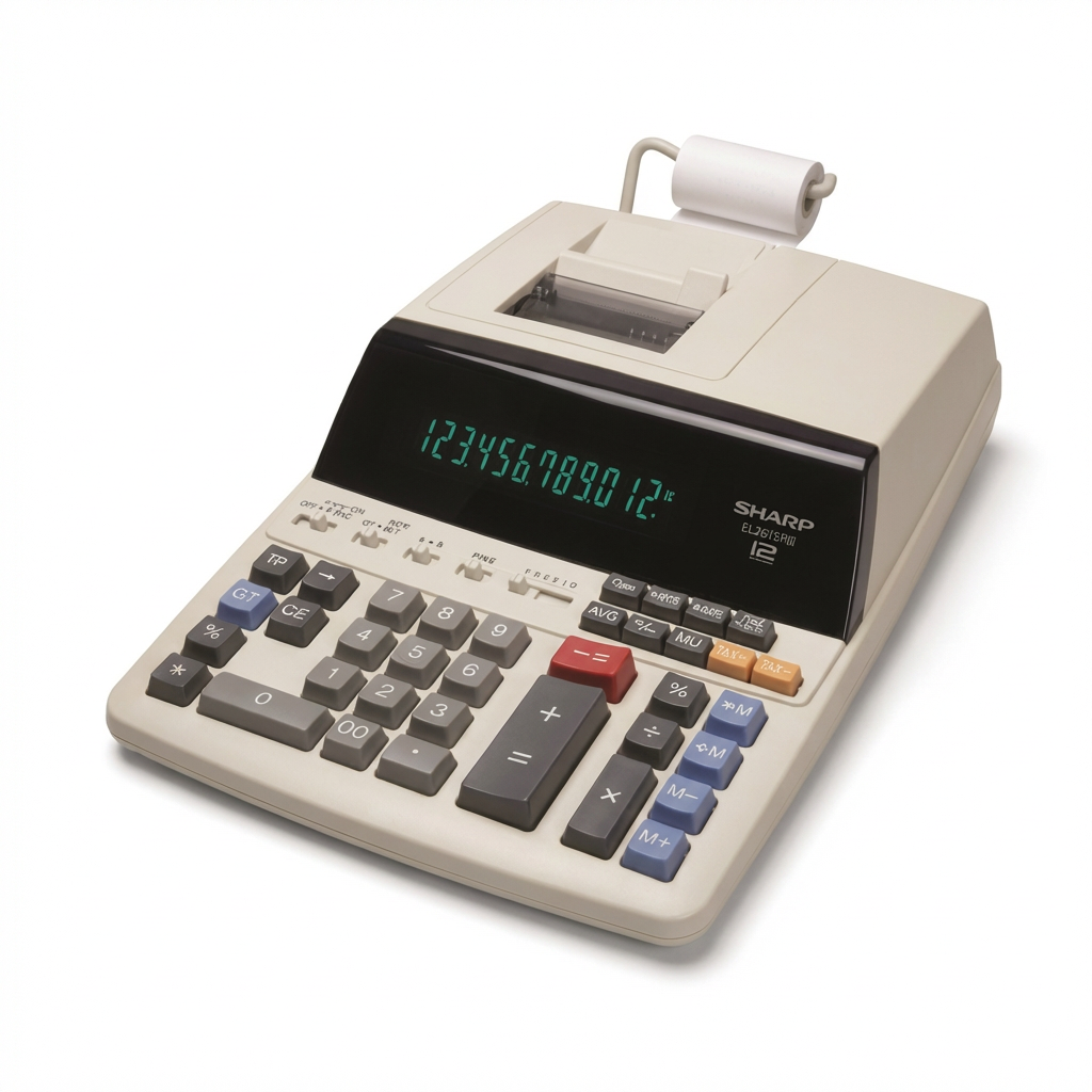 A photorealistic studio product photograph of the Sharp EL2615PIII printing calculator, angled to show the left side on a pure white background with a soft shadow .