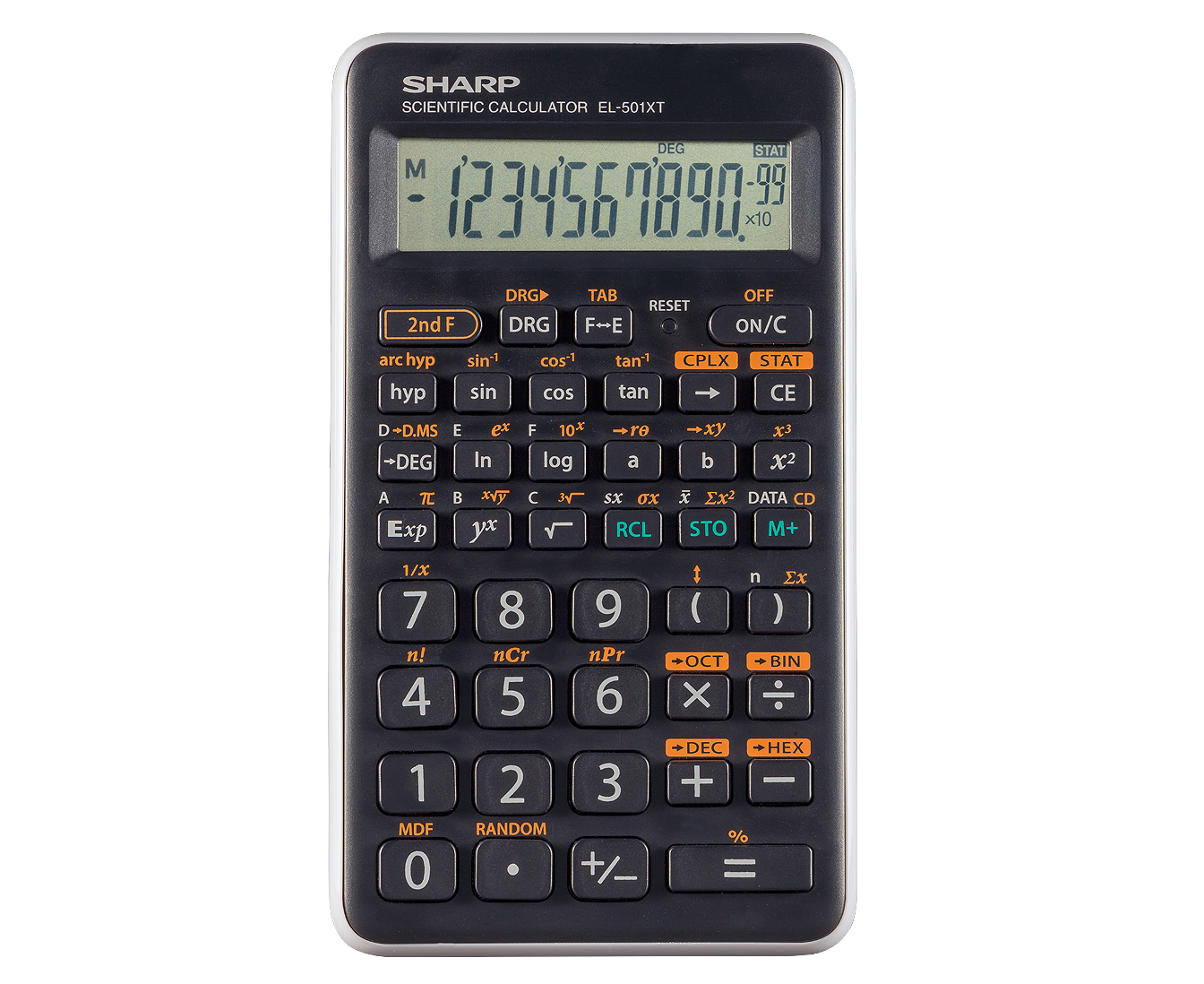 Sharp EL-501XT black scientific calculator with 146 functions and a 10-digit LCD display.